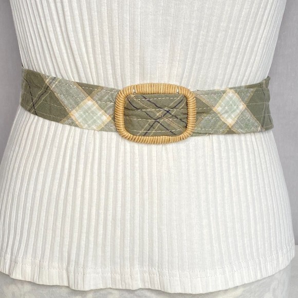 Womens Fabric Belt Size 10 Green White Plaid Woven Buckle - Picture 1 of 9